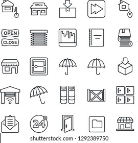 Thin Line Icon Set - 24 around vector, umbrella, checkroom, book, store, container, package, mail, fast forward, scanner, folder, copybook, open close, home control, jalousie, garage gate, door