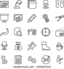 Thin Line Icon Set - 24 around vector, gear, office chair, desk, money bag, pruner, boot, sickle, blood test vial, root setup, calendar, coffee, clock, monitor statistics, presentation board, lamp