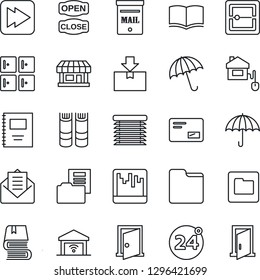 Thin Line Icon Set - 24 around vector, umbrella, checkroom, book, store, package, mail, fast forward, scanner, folder, copybook, document, mailbox, open close, home control, jalousie, garage gate