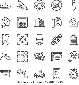 Thin Line Icon Set - 24 around vector, office building, chair, tie, watering, caries, cash, mobile tracking, camera, gamepad, group, menu, settings, calculator, sold signboard, estate search, bread