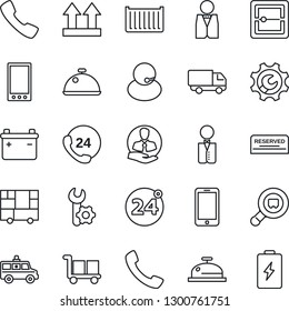 Thin Line Icon Set - 24 around vector, mobile phone, ambulance car, hours, support, client, cargo container, delivery, consolidated, up side sign, search, call, scanner, root setup, waiter, dish