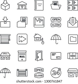 Thin Line Icon Set - 24 around vector, automatic door, checkroom, store, container, umbrella, package, mail, fast forward, scanner, folder, copybook, document, mailbox, open close, home control