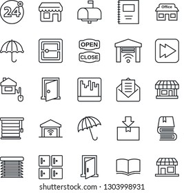 Thin Line Icon Set - 24 around vector, umbrella, checkroom, book, store, package, mail, fast forward, scanner, copybook, mailbox, open close, home control, jalousie, garage gate, door, storefront