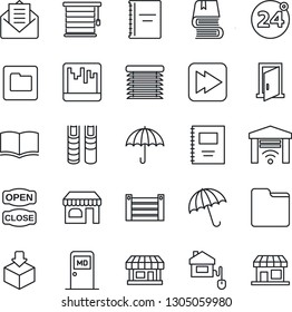 Thin Line Icon Set - 24 Around Vector, Umbrella, Shop, Medical Room, Book, Store, Container, Package, Mail, Fast Forward, Scanner, Folder, Copybook, Open Close, Home Control, Jalousie, Garage Gate