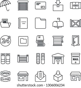 Thin Line Icon Set - 24 around vector, automatic door, umbrella, shop, book, container, package, mail, folder, copybook, document, mailbox, open close, jalousie, garage gate control, storefront