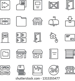 Thin Line Icon Set - 24 around vector, automatic door, shop, medical room, checkroom, store, container, package, mail, fast forward, scanner, folder, copybook, document, book, mailbox, open close