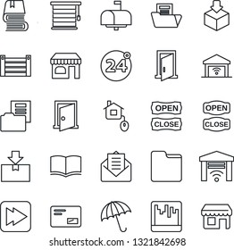 Thin Line Icon Set - 24 around vector, umbrella, shop, book, container, package, mail, fast forward, scanner, folder, document, mailbox, open close, home control, jalousie, garage gate, door
