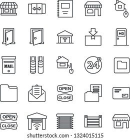 Thin Line Icon Set - 24 around vector, automatic door, shop, medical room, store, container, package, mail, folder, copybook, document, book, mailbox, open close, home control, jalousie, garage gate
