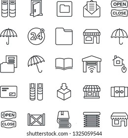 Thin Line Icon Set - 24 around vector, automatic door, umbrella, shop, book, store, container, package, mail, folder, document, open close, home control, jalousie, garage gate, storefront