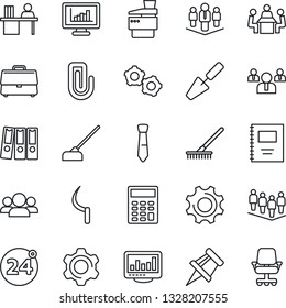 Thin Line Icon Set - 24 around vector, gear, team, trowel, rake, hoe, sickle, settings, case, copybook, monitor statistics, drawing pin, paper clip, calculator, manager desk, binder, meeting, tie