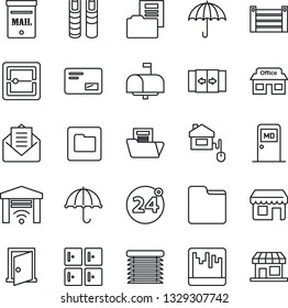 Thin Line Icon Set - 24 around vector, automatic door, medical room, checkroom, store, container, umbrella, mail, scanner, folder, document, book, mailbox, home control, jalousie, garage gate