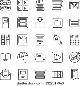 Thin Line Icon Set - 24 around vector, automatic door, umbrella, medical room, checkroom, book, container, package, mail, fast forward, scanner, folder, copybook, document, mailbox, open close