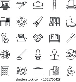 Thin Line Icon Set - 24 around vector, stamp, case, team, desk, farm fork, pruner, boot, saw, hoe, blood test vial, root setup, monitor statistics, office building, document folder, calculator, tie