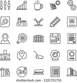 Thin Line Icon Set - 24 around vector, passport, growth statistic, document search, pencil, lawn mower, pin, mobile tracking, settings, calendar, abacus, office phone, contract, stapler, sun panel
