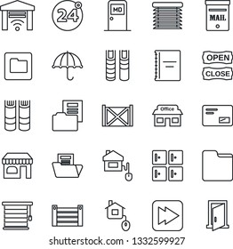 Thin Line Icon Set - 24 around vector, shop, medical room, checkroom, book, store, container, umbrella, mail, fast forward, folder, copybook, document, mailbox, open close, home control, jalousie