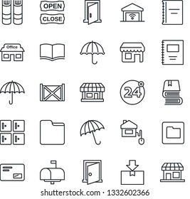 Thin Line Icon Set - 24 around vector, umbrella, checkroom, book, store, container, package, mail, folder, copybook, mailbox, open close, home control, garage gate, door, storefront