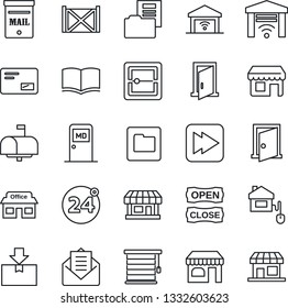 Thin Line Icon Set - 24 around vector, shop, medical room, book, store, container, package, mail, fast forward, scanner, folder, document, mailbox, open close, home control, jalousie, garage gate