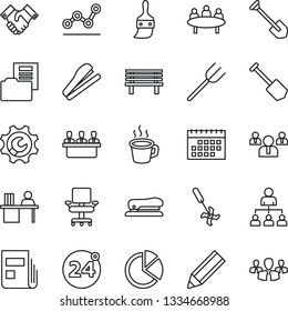 Thin Line Icon Set - 24 around vector, hierarchy, team, meeting, job, farm fork, bench, ripper, themes, root setup, calendar, coffee, pie graph, news, document folder, office chair, point, pencil