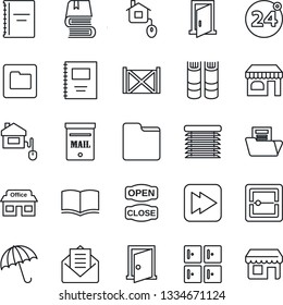 Thin Line Icon Set - 24 around vector, umbrella, shop, checkroom, book, store, container, mail, fast forward, scanner, folder, copybook, document, mailbox, open close, home control, jalousie, door