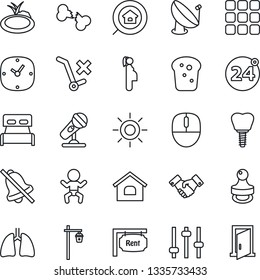 Thin Line Icon Set - 24 around vector, baby, handshake, mouse, sun, garden light, pond, lungs, implant, broken bone, pregnancy, no trolley, satellite antenna, microphone, menu, tuning, clock, mute