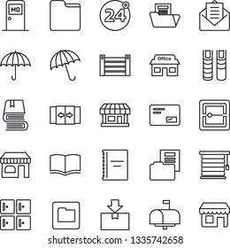 Thin Line Icon Set - 24 around vector, automatic door, umbrella, shop, medical room, checkroom, book, store, container, package, mail, scanner, folder, copybook, document, mailbox, jalousie
