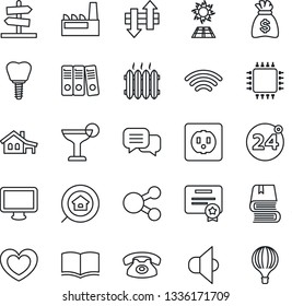 Thin Line Icon Set - 24 around vector, book, money bag, heart, implant, speaker, dialog, monitor, data exchange, wireless, paper binder, house with garage, estate search, heater, phone, factory