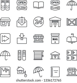 Thin Line Icon Set - 24 around vector, umbrella, checkroom, book, store, container, package, mail, fast forward, scanner, copybook, mailbox, open close, home control, jalousie, garage gate
