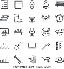 Thin Line Icon Set - 24 around vector, alarm clock, office chair, team, job, trowel, farm fork, wheelbarrow, boot, bench, group, monitor statistics, building, bar graph, ink pen, blank box, meeting