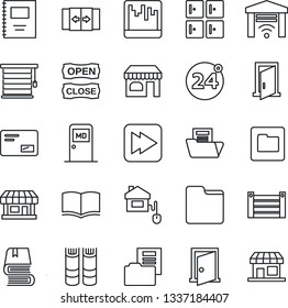 Thin Line Icon Set - 24 around vector, automatic door, shop, medical room, checkroom, book, store, container, mail, fast forward, scanner, folder, copybook, document, open close, home control