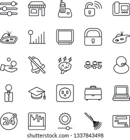 Thin Line Icon Set - 24 around vector, shop, baggage larry, graduate, brainstorm, rake, support, tv, radio phone, tuning, scanner, mute, brightness, lock, cellular signal, case, notebook pc, pond