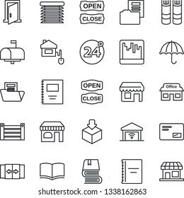 Thin Line Icon Set - 24 around vector, automatic door, shop, book, store, container, umbrella, package, mail, scanner, copybook, document folder, mailbox, open close, home control, jalousie