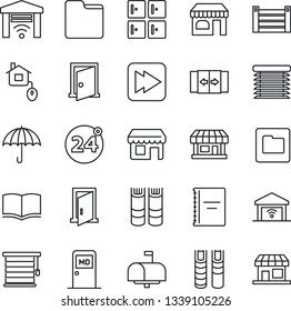 Thin Line Icon Set - 24 around vector, automatic door, shop, medical room, checkroom, book, store, container, umbrella, fast forward, folder, copybook, mailbox, home control, jalousie, garage gate