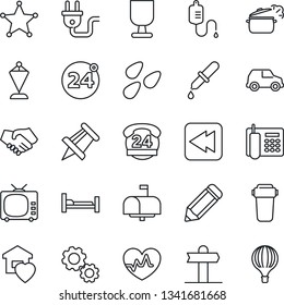 Thin Line Icon Set - 24 Around Vector, Pennant, Drawing Pin, Pencil, Seeds, Heart Pulse, Dropper, Hospital Bed, Signpost, Hours, Fragile, Tv, Rewind, Office Phone, Sweet Home, Mailbox, Steaming Pan