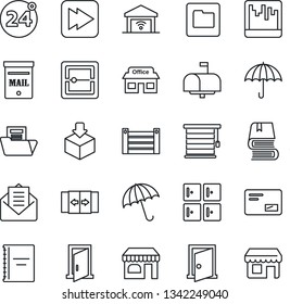 Thin Line Icon Set - 24 around vector, automatic door, umbrella, shop, checkroom, store, container, package, mail, fast forward, scanner, folder, copybook, document, book, mailbox, jalousie