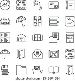 Thin Line Icon Set - 24 around vector, automatic door, umbrella, checkroom, book, store, container, mail, fast forward, folder, copybook, document, mailbox, open close, home control, jalousie