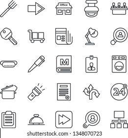 Thin Line Icon Set - 24 around vector, reception bell, right arrow, identity card, pen, farm fork, route, store, cargo, news, fast forward, torch, clipboard, desk lamp, meeting, contract, stamp, key
