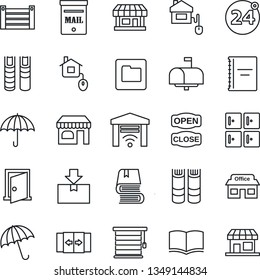 Thin Line Icon Set - 24 around vector, automatic door, umbrella, shop, checkroom, book, store, container, package, folder, copybook, mailbox, open close, home control, jalousie, garage gate