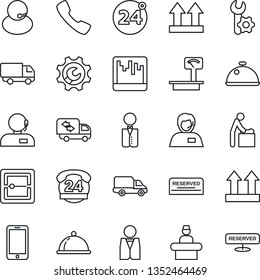 Thin Line Icon Set - 24 around vector, baby room, reception, mobile phone, hours, support, car delivery, up side sign, heavy scales, call, scanner, root setup, moving, waiter, dish, reserved