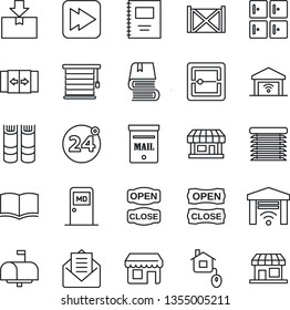 Thin Line Icon Set - 24 around vector, automatic door, medical room, checkroom, book, store, container, package, mail, fast forward, scanner, copybook, mailbox, open close, home control, jalousie