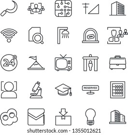 Thin Line Icon Set - 24 around vector, security gate, tv, ticket office, building, graduate, bulb, sickle, microscope, package, mail, wireless, face id, cellular signal, case, document search, hr