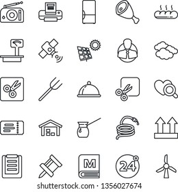 Thin Line Icon Set - 24 around vector, ticket, clouds, farm fork, hose, heart diagnostic, client, clipboard, up side sign, heavy scales, radio, satellite, cut, drawing pin, printer, sun panel, dish