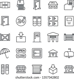 Thin Line Icon Set - 24 around vector, automatic door, umbrella, medical room, checkroom, book, store, container, package, scanner, copybook, document folder, mailbox, open close, jalousie