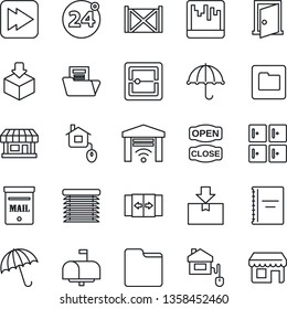Thin Line Icon Set - 24 around vector, automatic door, umbrella, checkroom, store, container, package, fast forward, scanner, folder, copybook, document, mailbox, open close, home control, jalousie