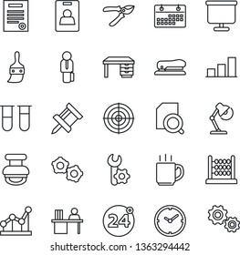 Thin Line Icon Set - 24 around vector, gear, desk, pruner, blood test vial, themes, root setup, calendar, coffee, clock, presentation board, drawing pin, bar graph, document search, identity card