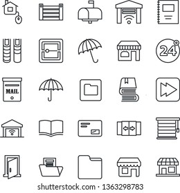 Thin Line Icon Set - 24 around vector, automatic door, umbrella, shop, book, container, mail, fast forward, scanner, folder, copybook, document, mailbox, home control, jalousie, garage gate