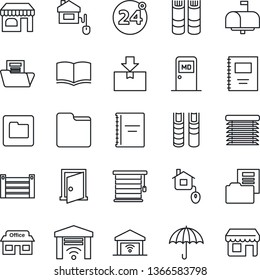 Thin Line Icon Set - 24 around vector, shop, medical room, book, store, container, umbrella, package, folder, copybook, document, mailbox, home control, jalousie, garage gate, door, storefront