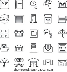 Thin Line Icon Set - 24 around vector, automatic door, umbrella, medical room, checkroom, store, container, mail, scanner, folder, copybook, document, mailbox, open close, home control, jalousie