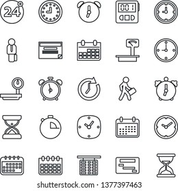 Thin Line Icon Set - 24 around vector, alarm clock, flight table, calendar, heavy scales, stopwatch, manager, schedule, sand