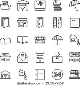 Thin Line Icon Set - 24 around vector, umbrella, book, store, package, mail, scanner, folder, copybook, document, mailbox, open close, home control, garage gate, door, storefront