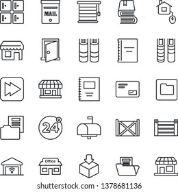 Thin Line Icon Set - 24 around vector, checkroom, book, store, container, package, mail, fast forward, folder, copybook, document, mailbox, home control, jalousie, garage gate, door, storefront